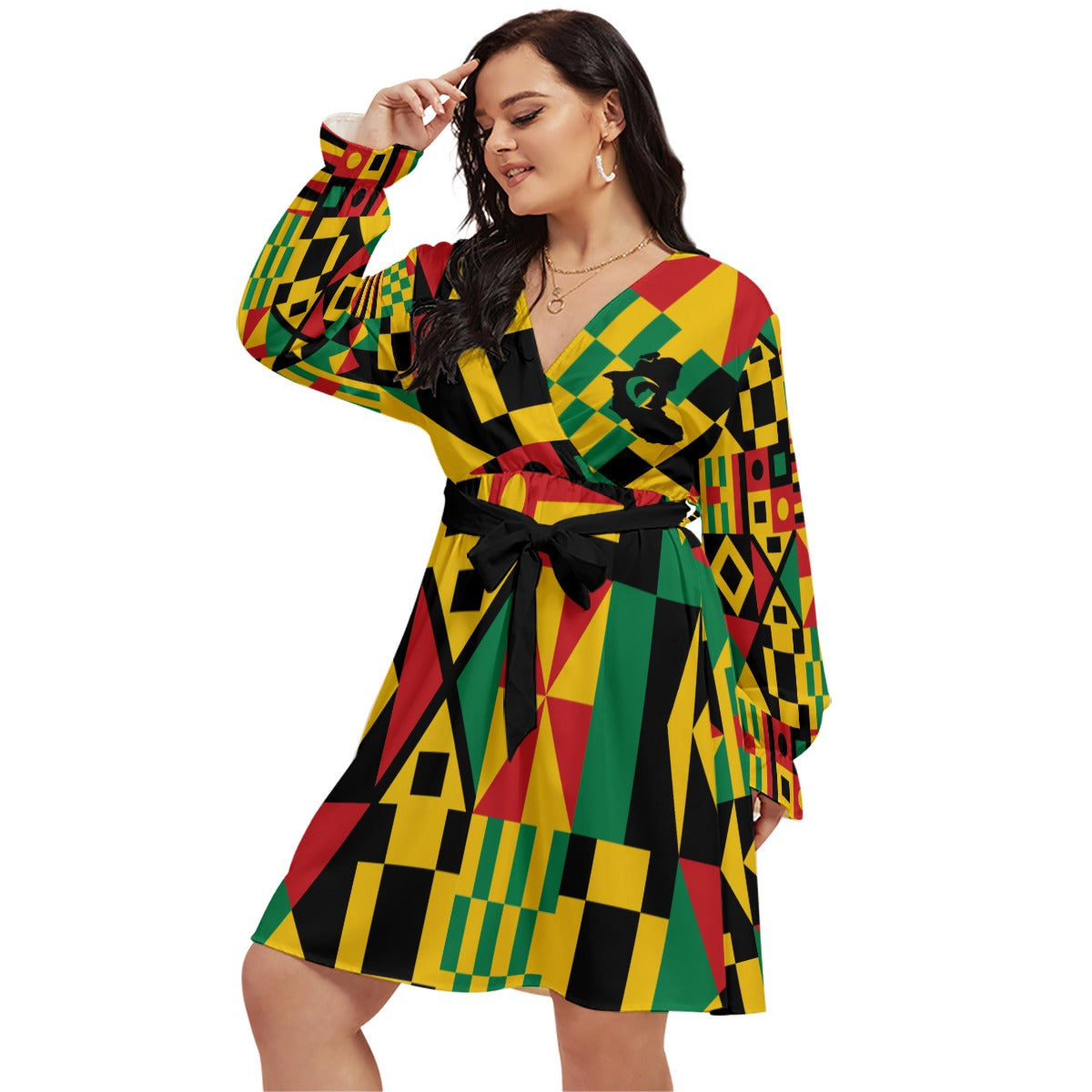 KENTE BUTAN Women's V-neck Dress With Waistband