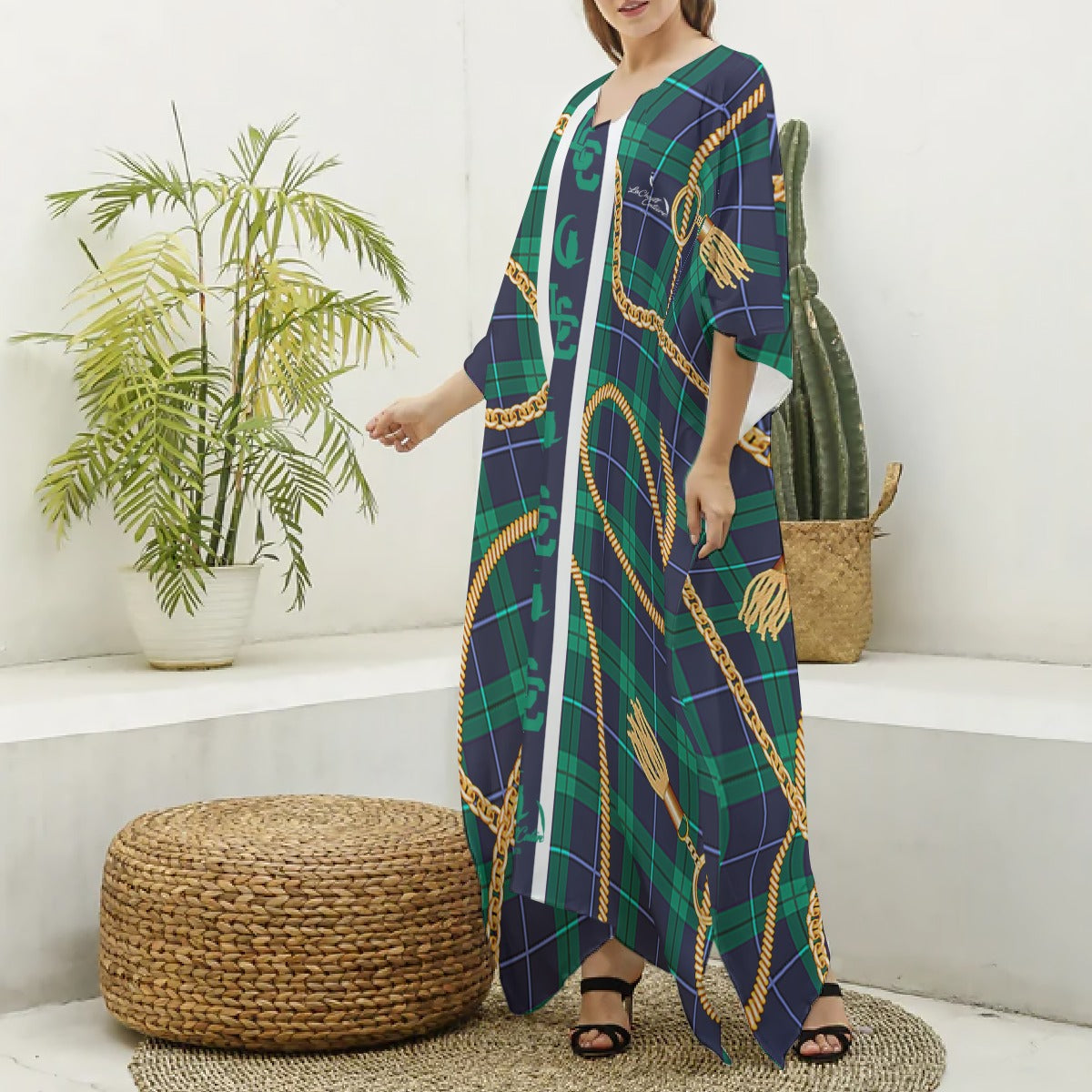 PLAID IN GOLD Women's Imitation Silk V-neck Kaftan Robe