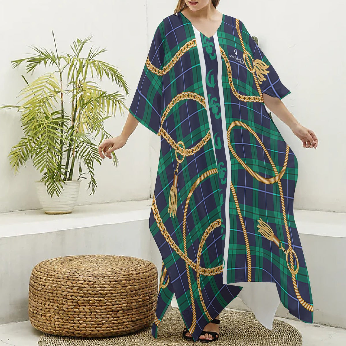 PLAID IN GOLD Women's Imitation Silk V-neck Kaftan Robe