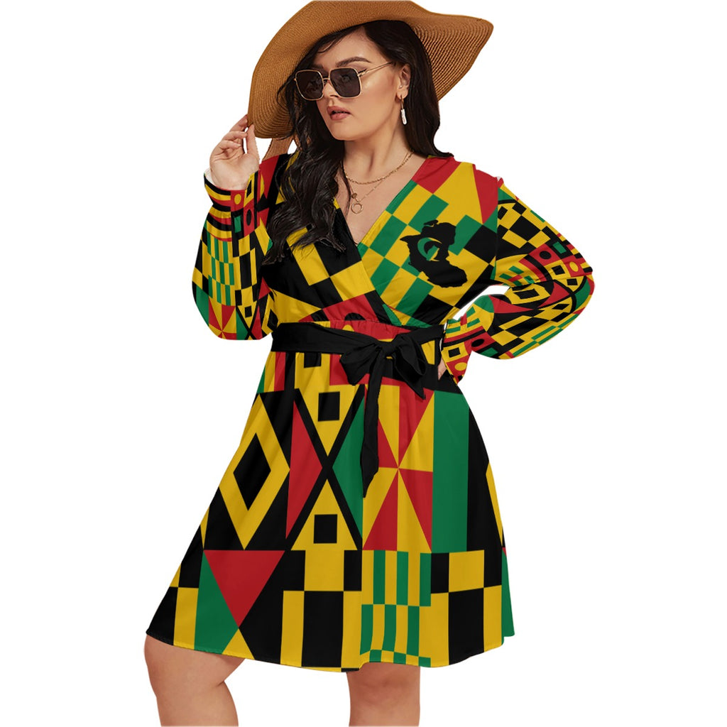 KENTE BUTAN Women's V-neck Dress With Waistband