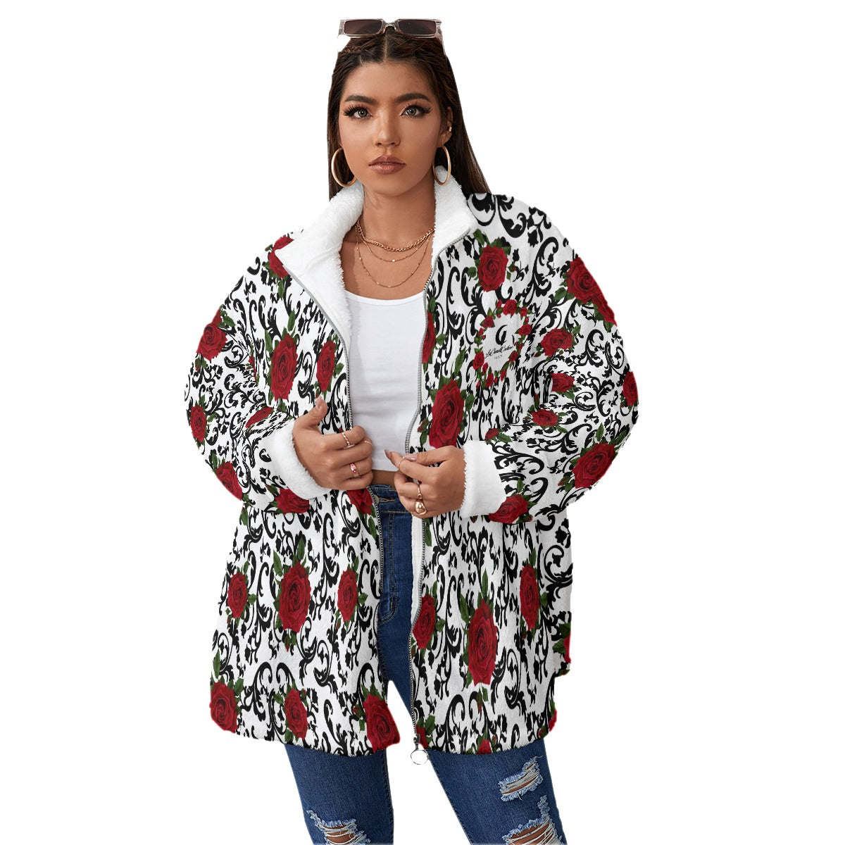 RED ROSES Borg Fleece Stand-up Collar Coat With Zipper Closure