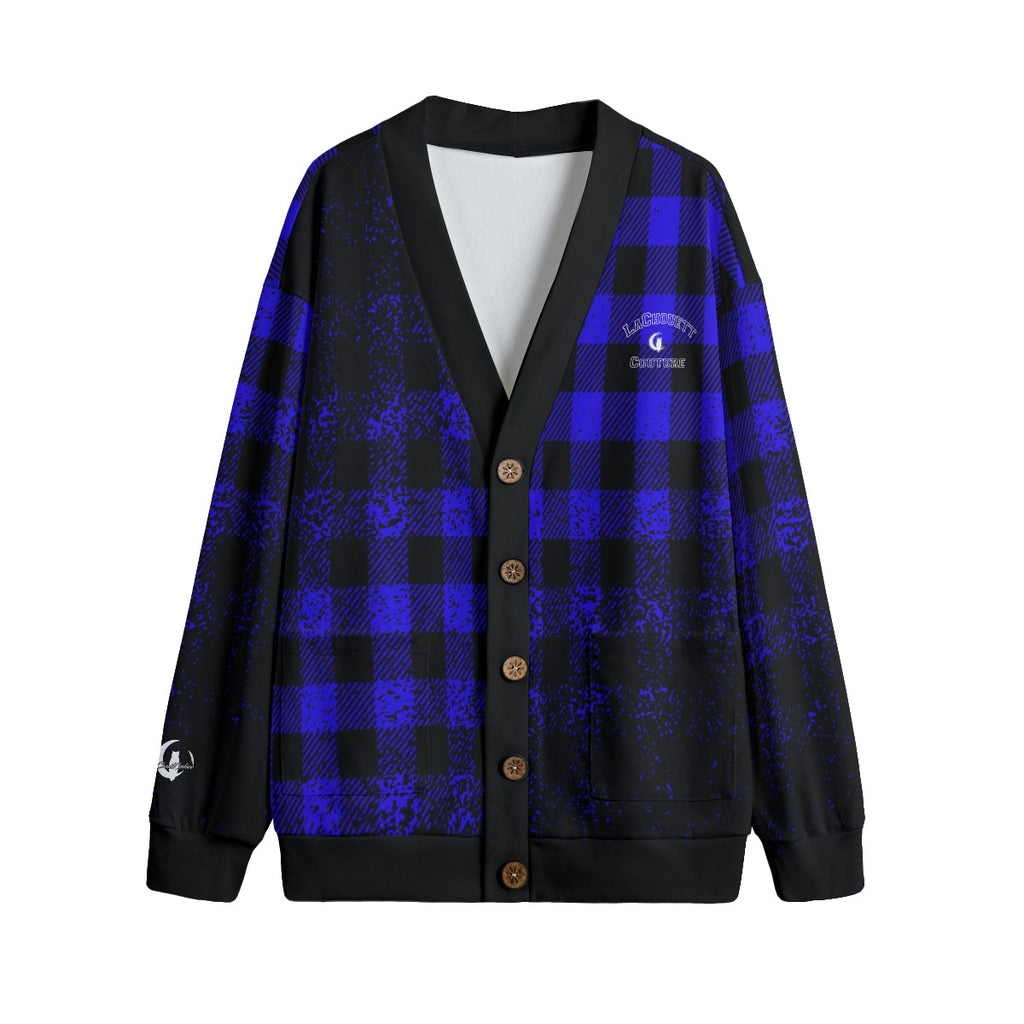 DUSTY PLAID BLUE Unisex V-neck Cardigan With Button Closure