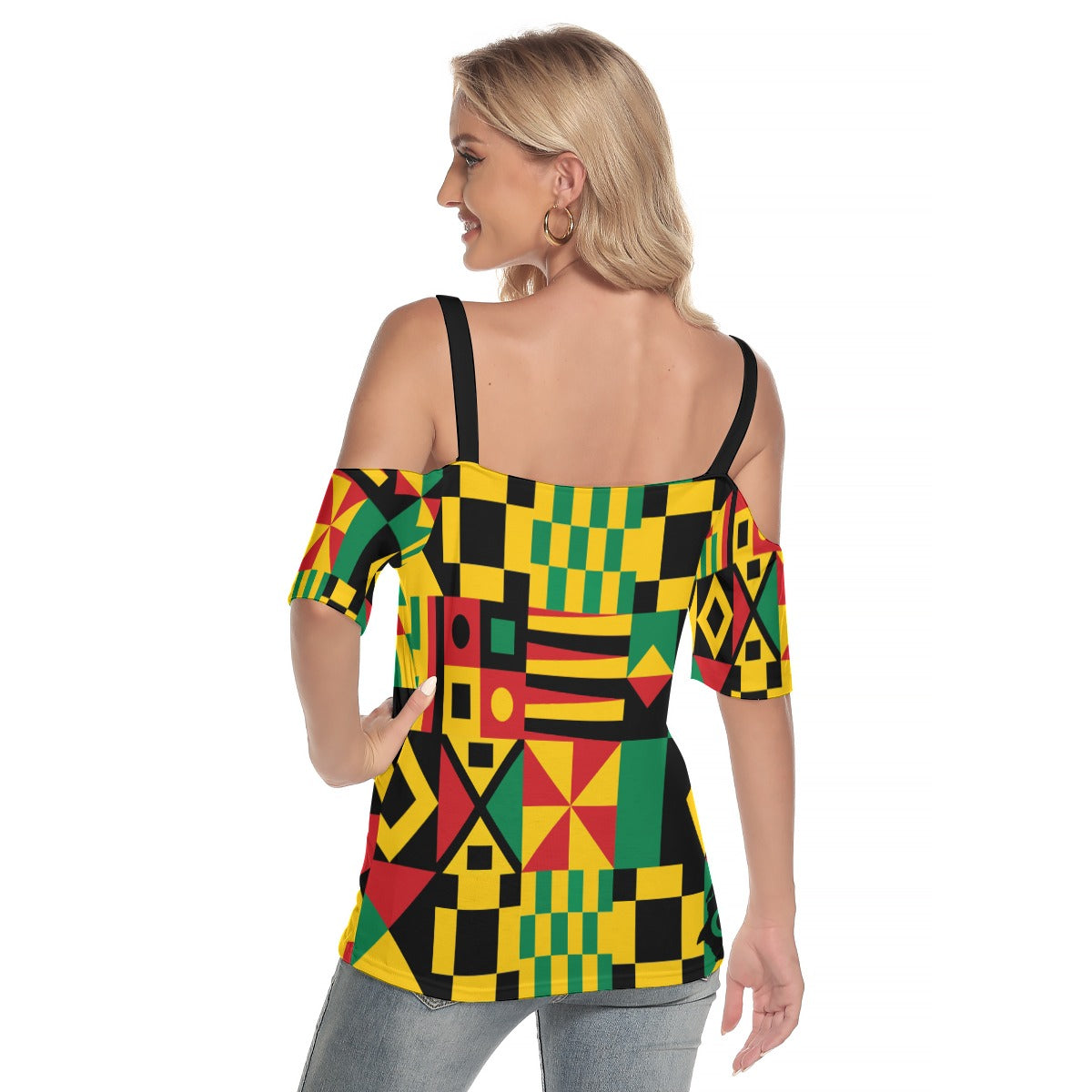 KENTE BUTAN Women's Shoulder T-shirt With Criss Cross Strips