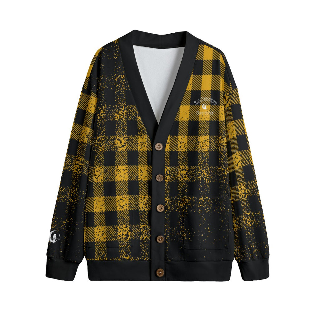 DUSTY PLAID YLW Unisex V-neck Cardigan With Button Closure