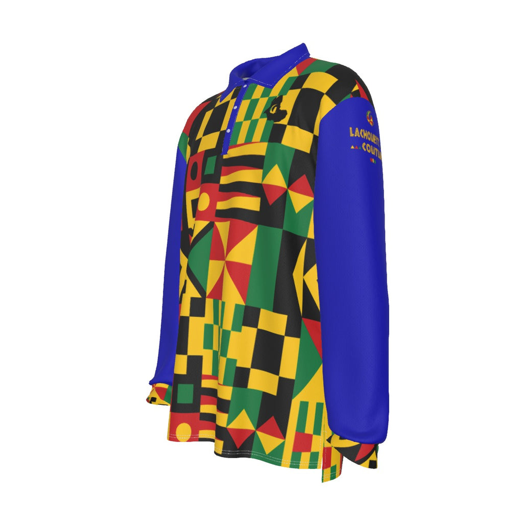 KENTE BUTAN BLUE Men's Long Sleeve Polo Shirt