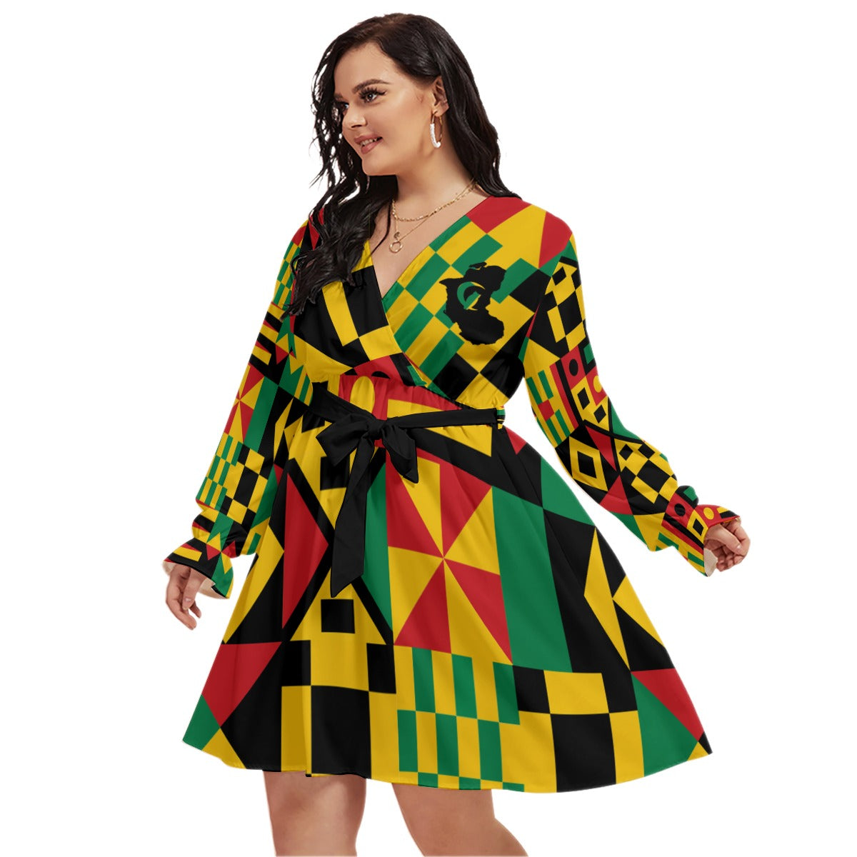KENTE BUTAN Women's V-neck Dress With Waistband