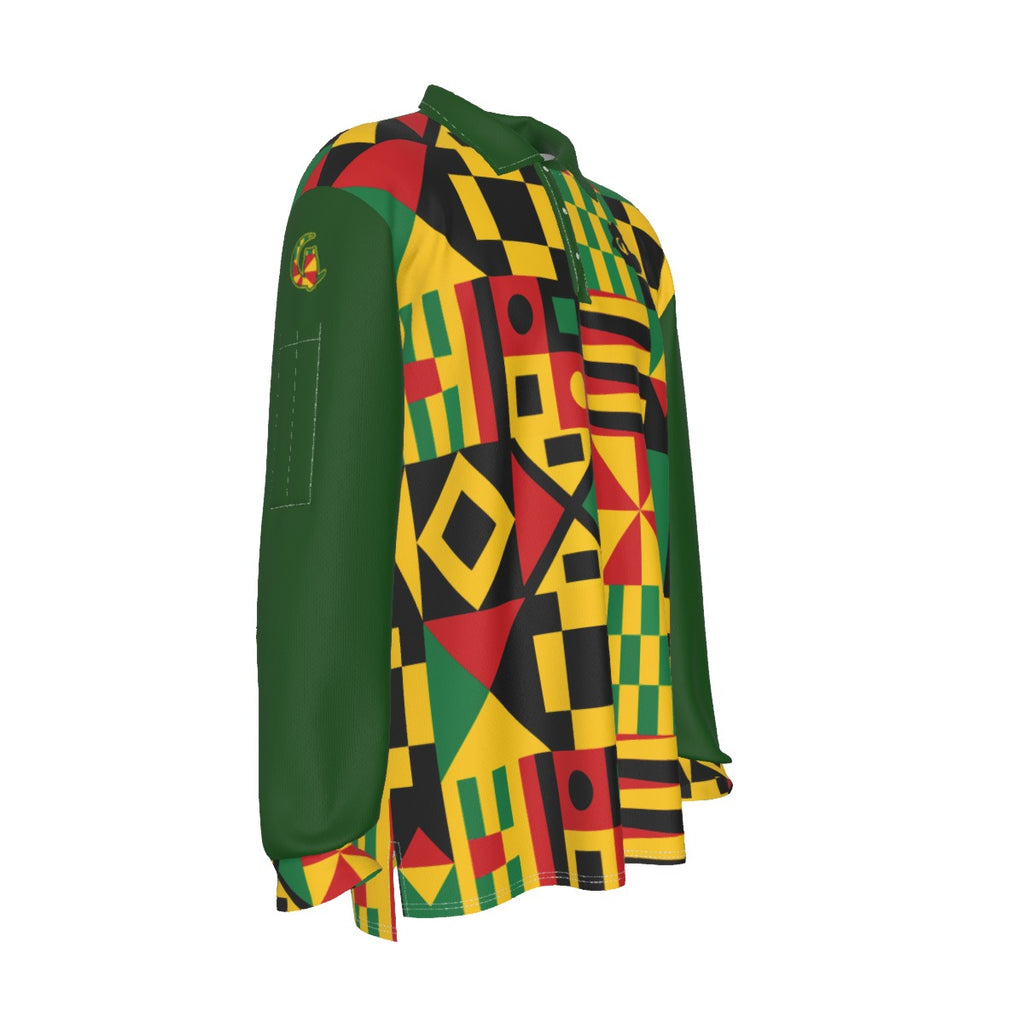 KENTE BUTAN GREEN Men's Long Sleeve Polo Shirt