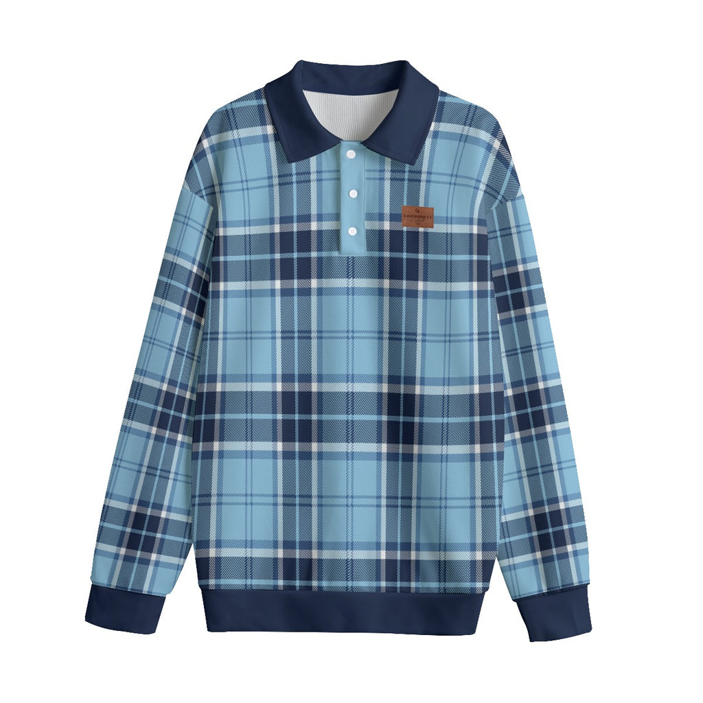 PLAID STYLE BLUE Unisex Lapel Collar Sweater