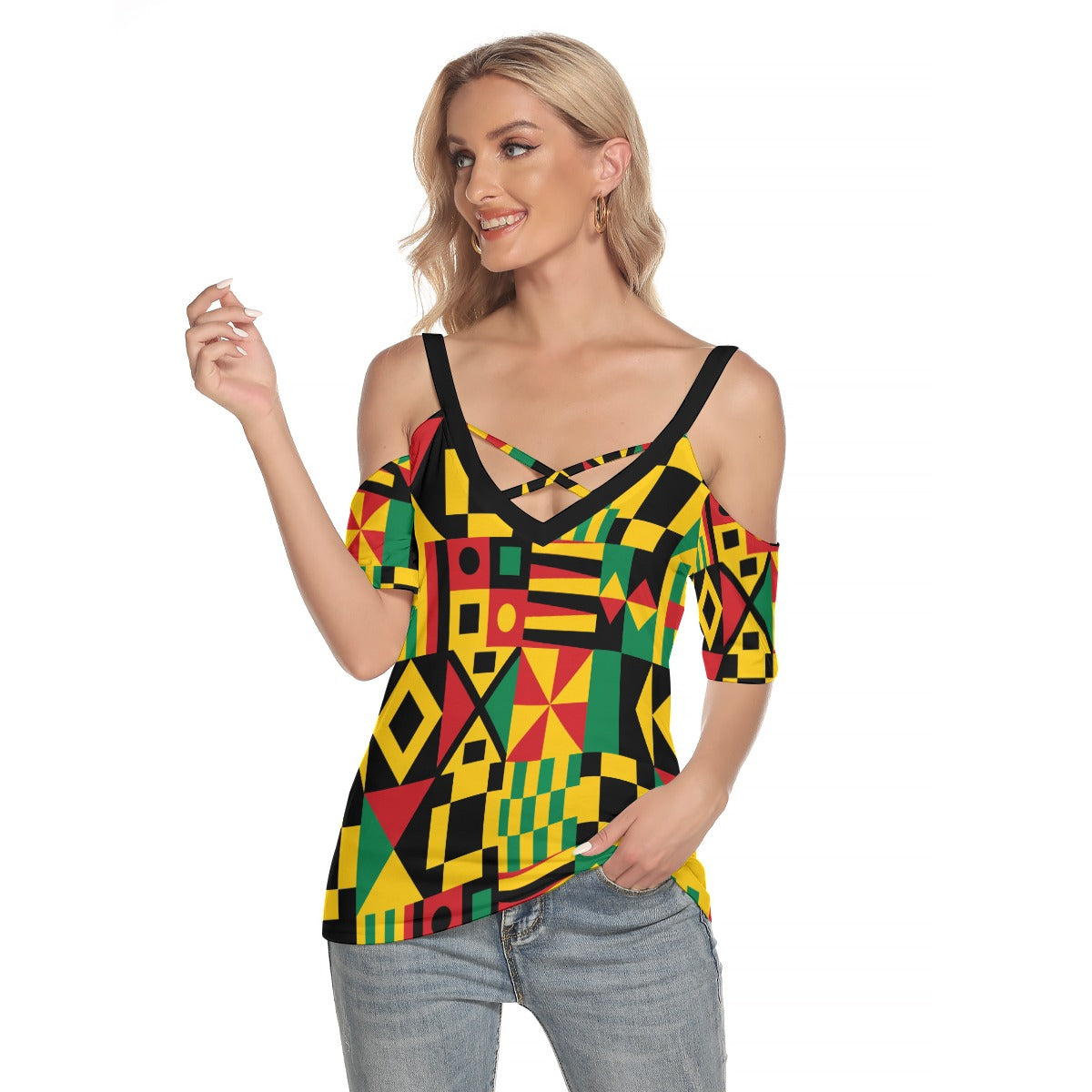 KENTE BUTAN Women's Shoulder T-shirt With Criss Cross Strips