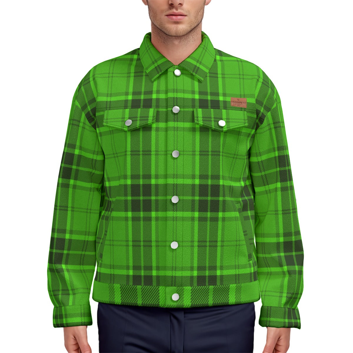 PLAID STYLE GREEN Unisex Lapel Jacket Cotton