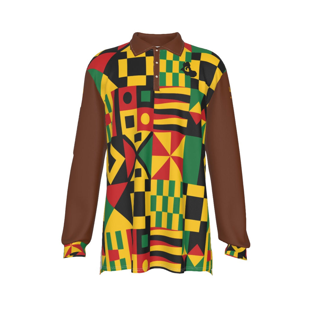KENTE BUTAN BROWN Men's Long Sleeve Polo Shirt