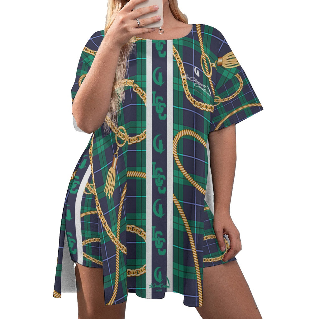 PLAID IN GOLD Women's Drop-Shoulder T-Shirt with Side Split and Shorts