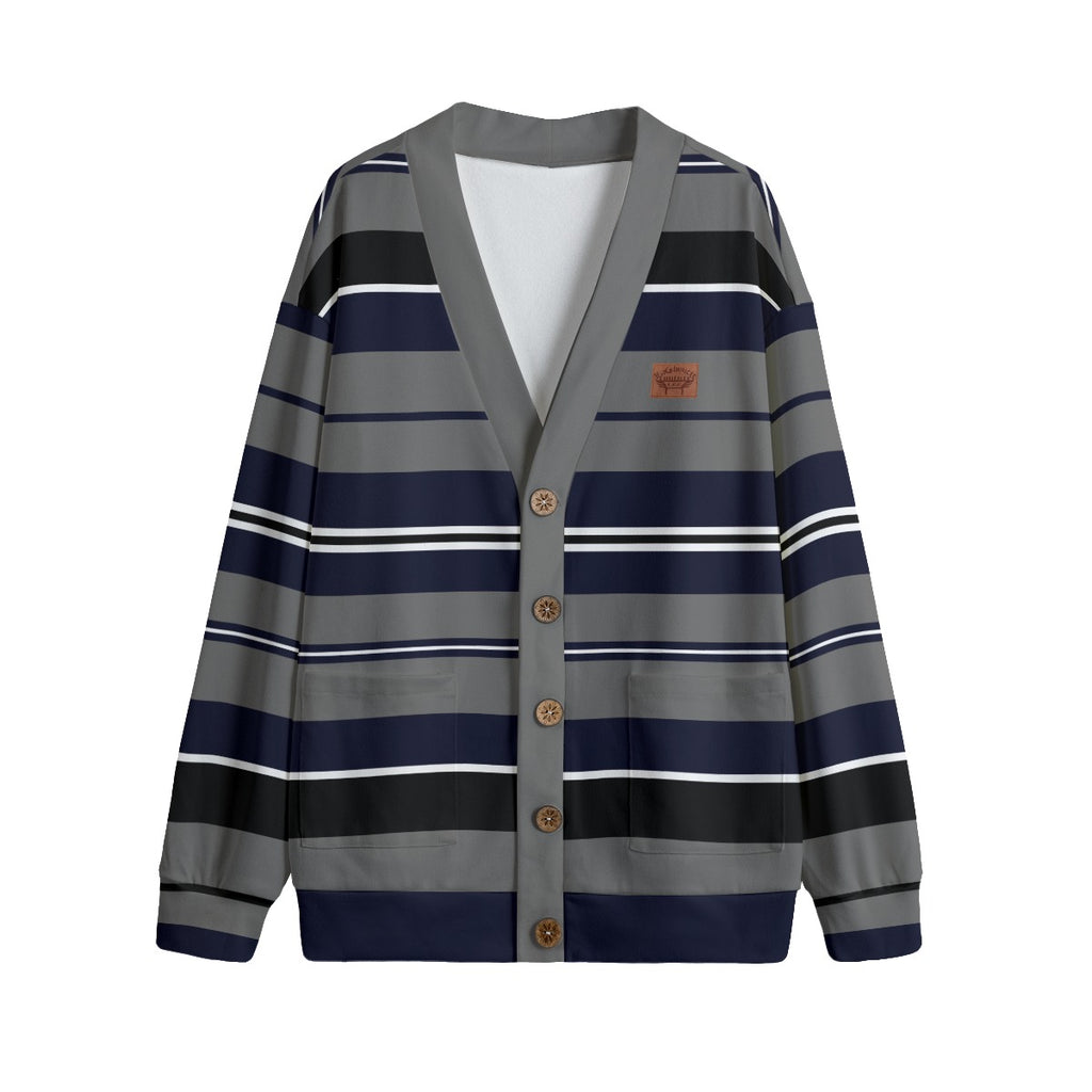 STRIPE UP NAVY GREY Unisex V-neck Cardigan With Button Closure