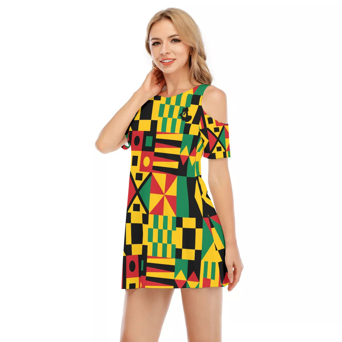KENTE BUTAN Women's Cold Shoulder O-neck Dress | Cotton