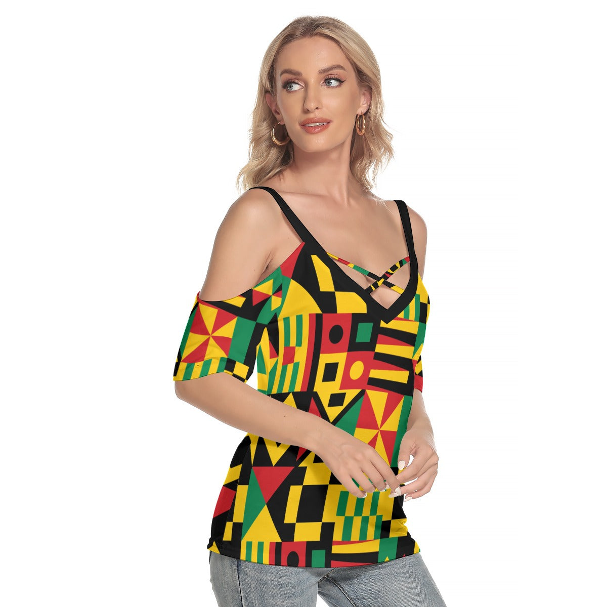 KENTE BUTAN Women's Shoulder T-shirt With Criss Cross Strips