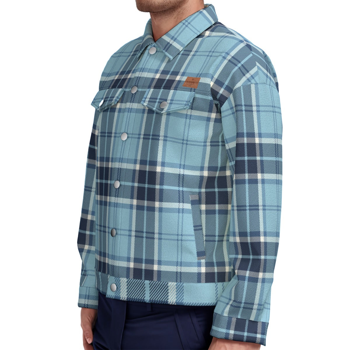 PLAID STYLE BLUE Unisex Lapel Jacket  Cotton