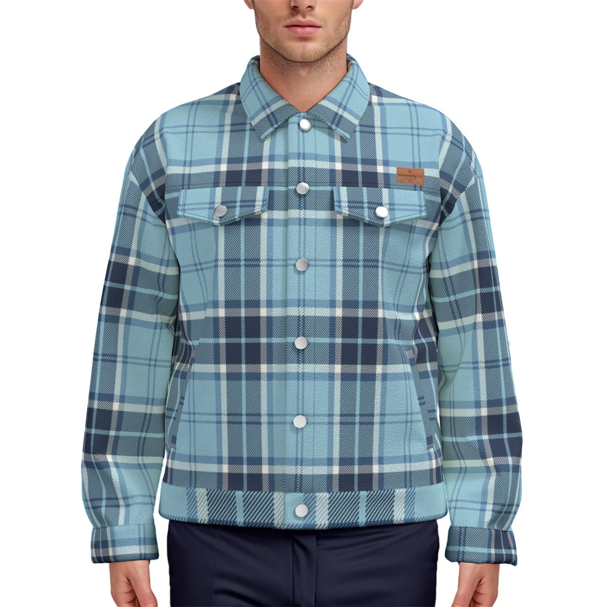 PLAID STYLE BLUE Unisex Lapel Jacket  Cotton