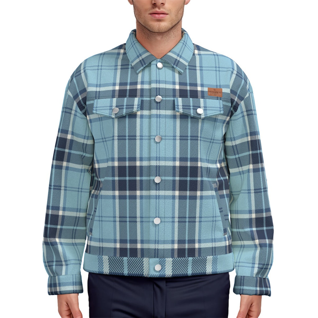 PLAID STYLE BLUE Unisex Lapel Jacket  Cotton