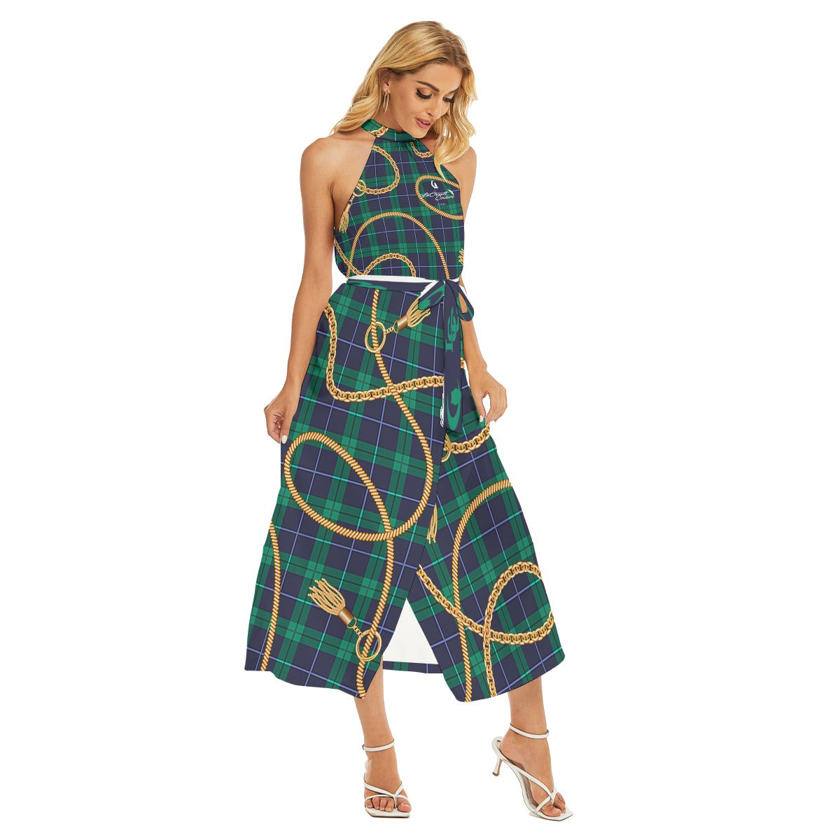 Plaid in Gold Women's Wrap Hem Belted Halter Dress