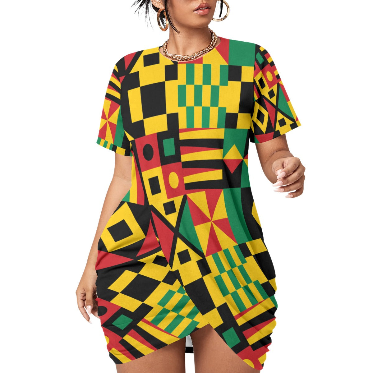 KENTE BUTAN Women’s Stacked Hem Dress With Short Sleeve