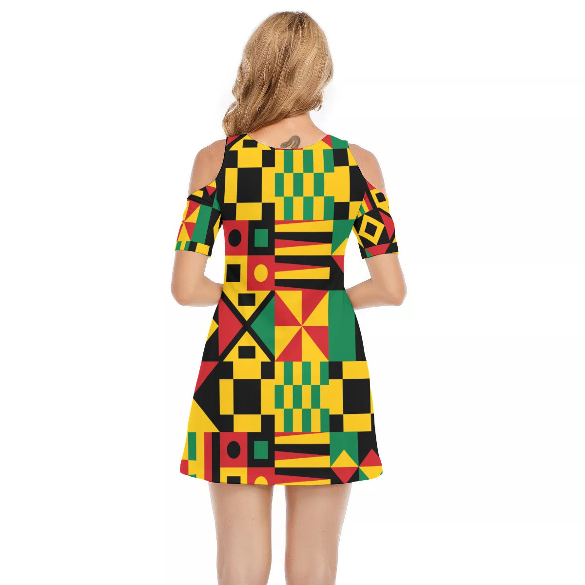 KENTE BUTAN Women's Cold Shoulder O-neck Dress | Cotton