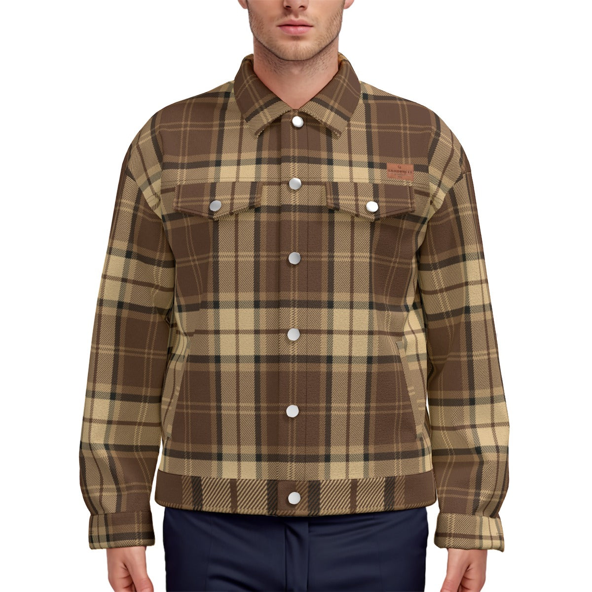 PLAID STYLE BRWN Unisex Lapel Jacket Cotton