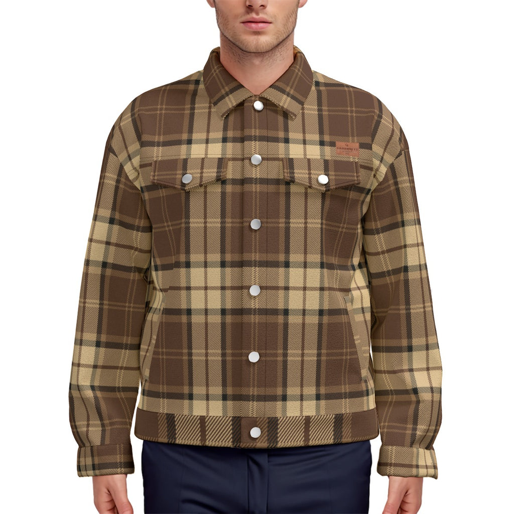 PLAID STYLE BRWN Unisex Lapel Jacket Cotton