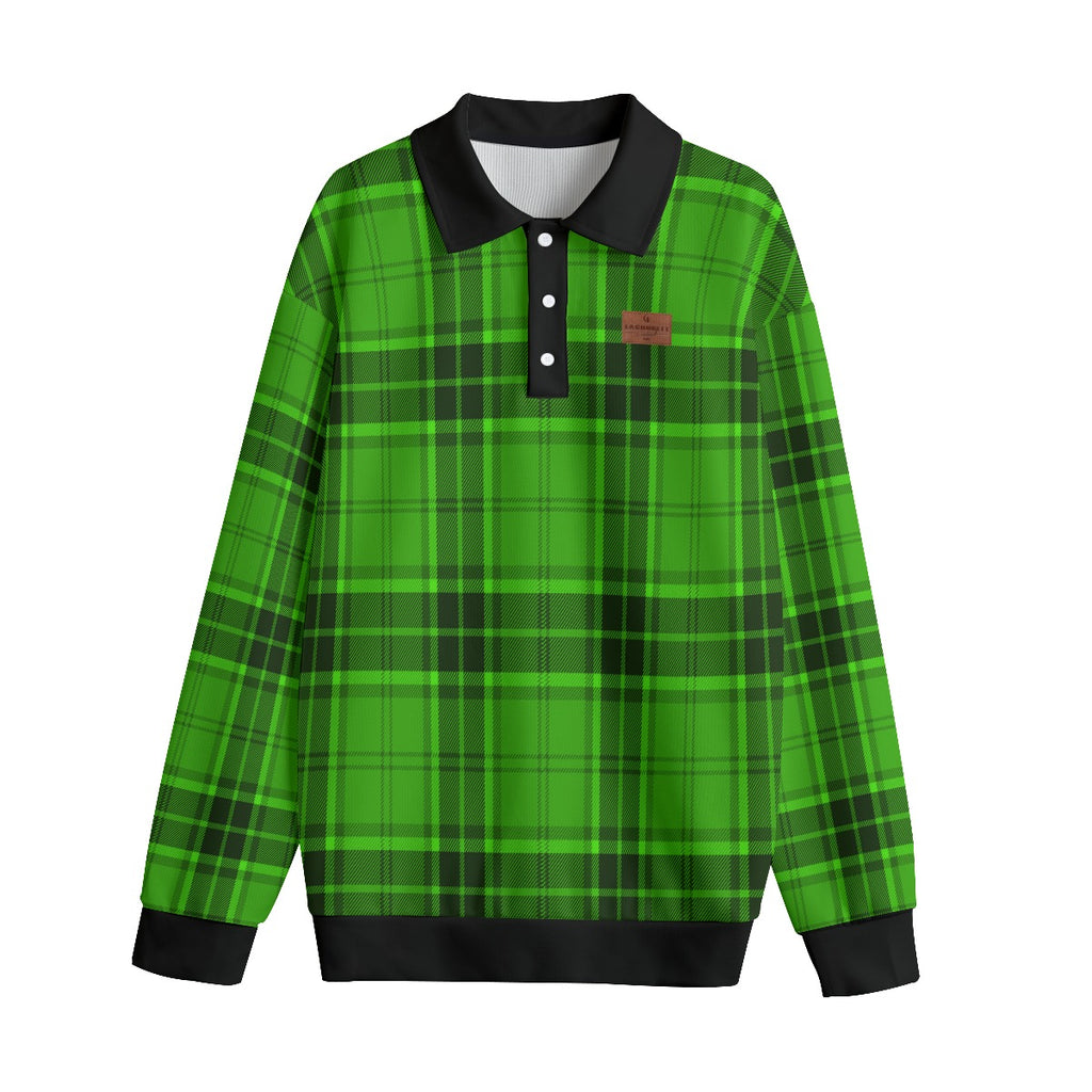 PLAID STYLE GREEN Unisex Lapel Collar Sweater