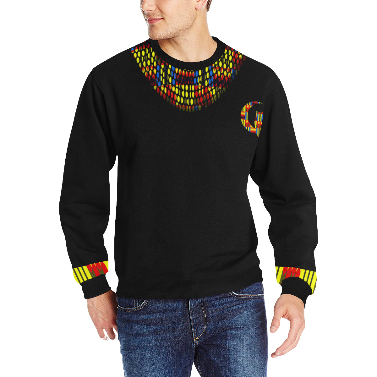 KENTE BLUE STRASS Men's Rib Cuff Crew Neck Sweatshirt