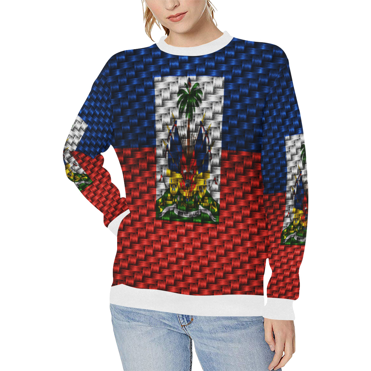 HAITI FLAG Women's Rib Cuff Crew Neck Sweatshirt (Model H34)