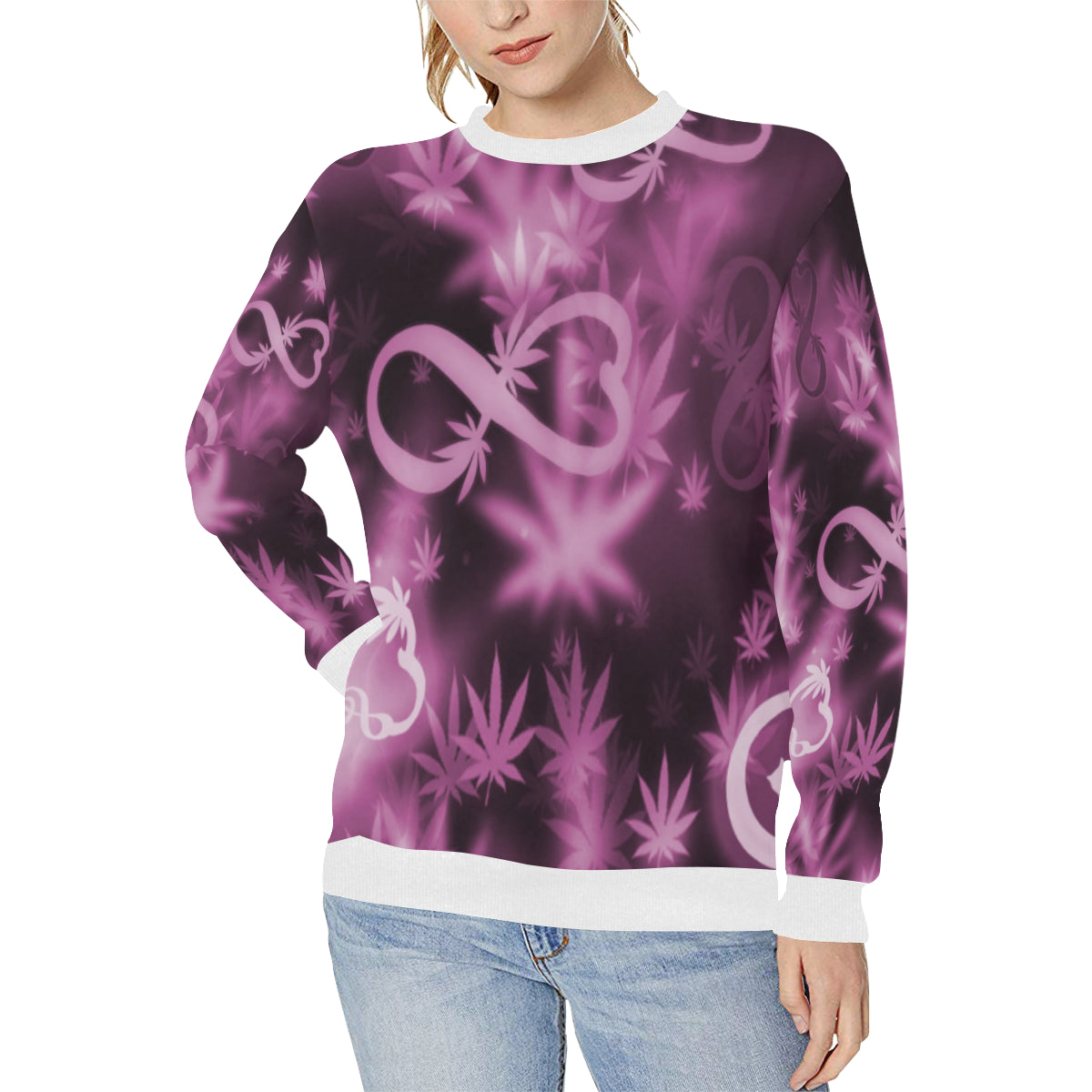 INFINITY PURPLE COSMOS Women's Rib Cuff Crew Neck Sweatshirt (Model H34)