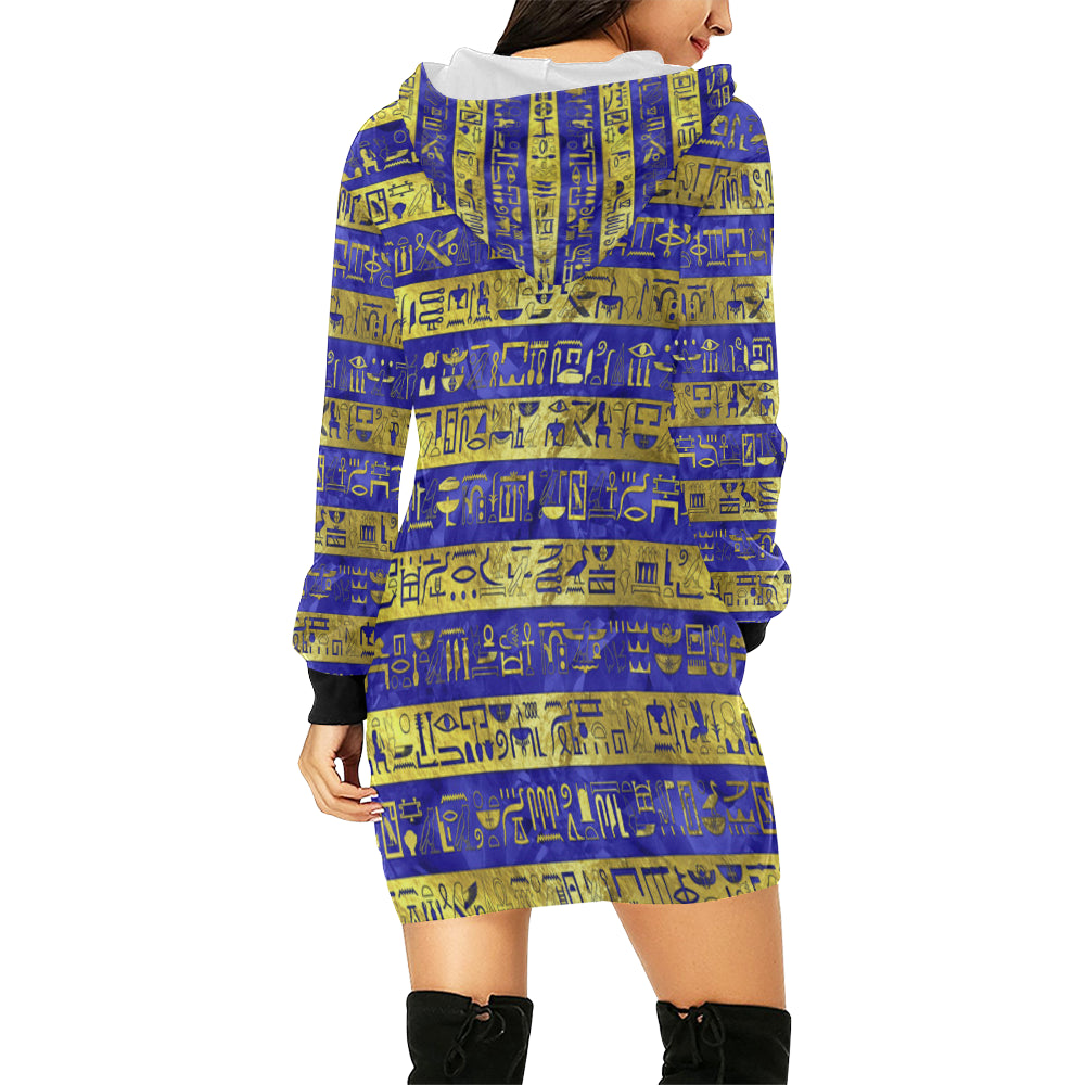 HIEROGLYPH GOLDEN BLUE All Over Print Hoodie Mini Dress