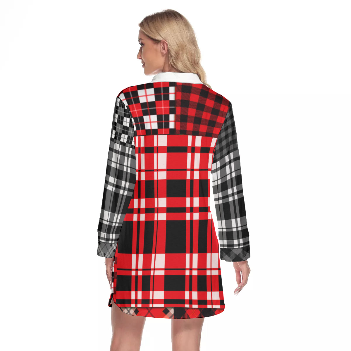 FLEXIN PLAID RED Women's Lapel Shirt Dress With Long Sleeve