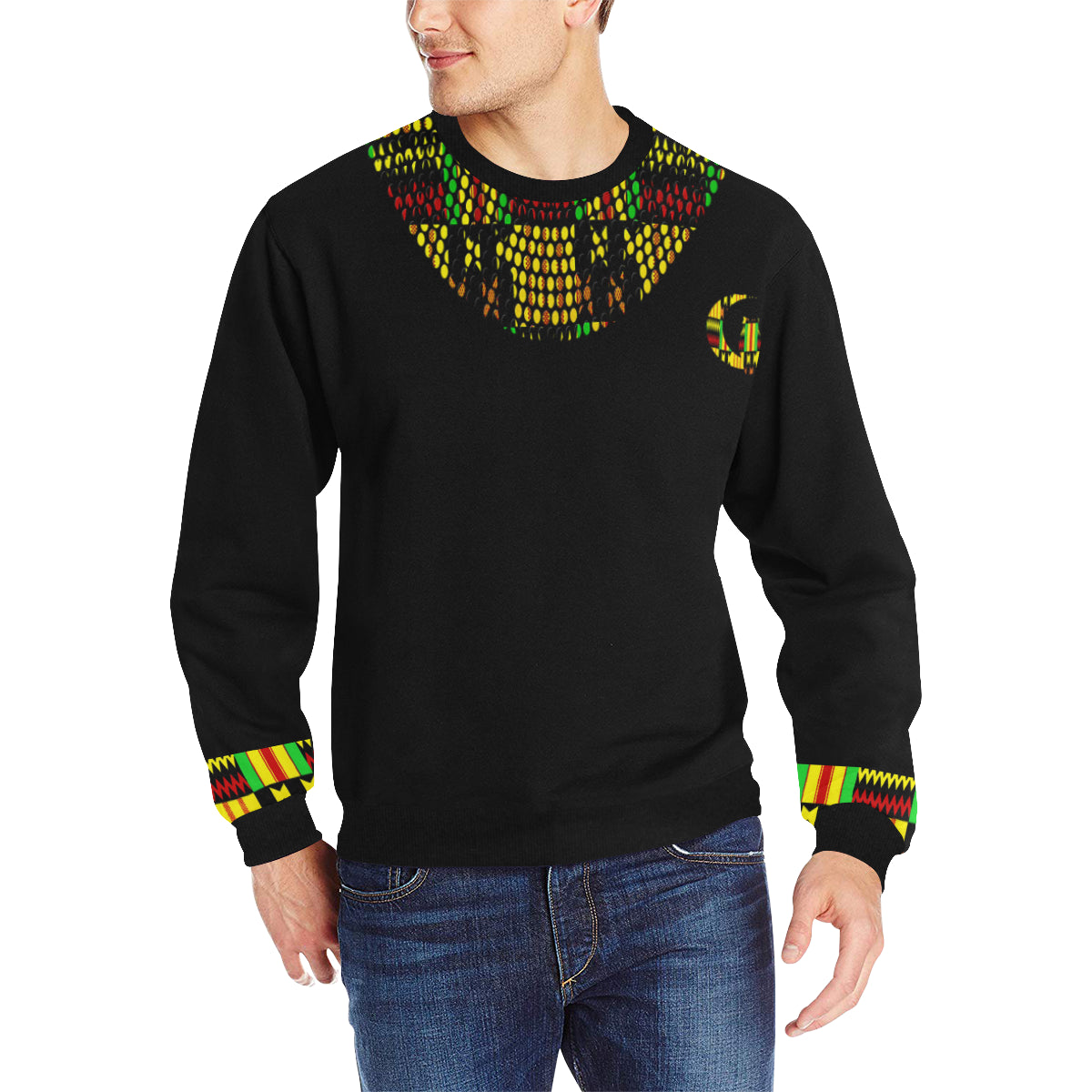 KENTE RAS STRASS Men's Rib Cuff Crew Neck Sweatshirt