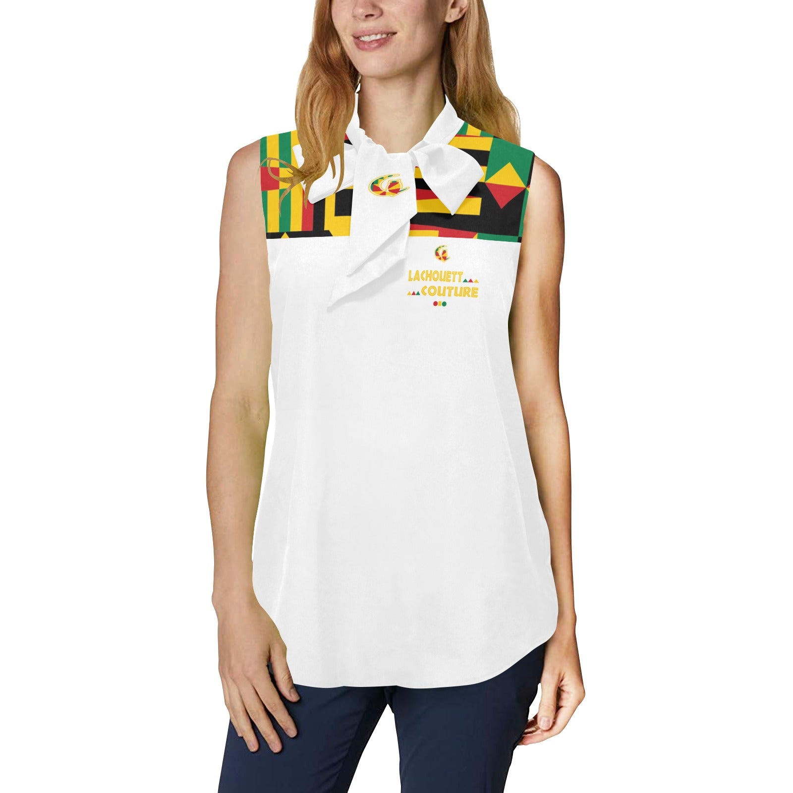 KENTE BUTAN Women's Bow Tie V-Neck Sleeveless Shirt
