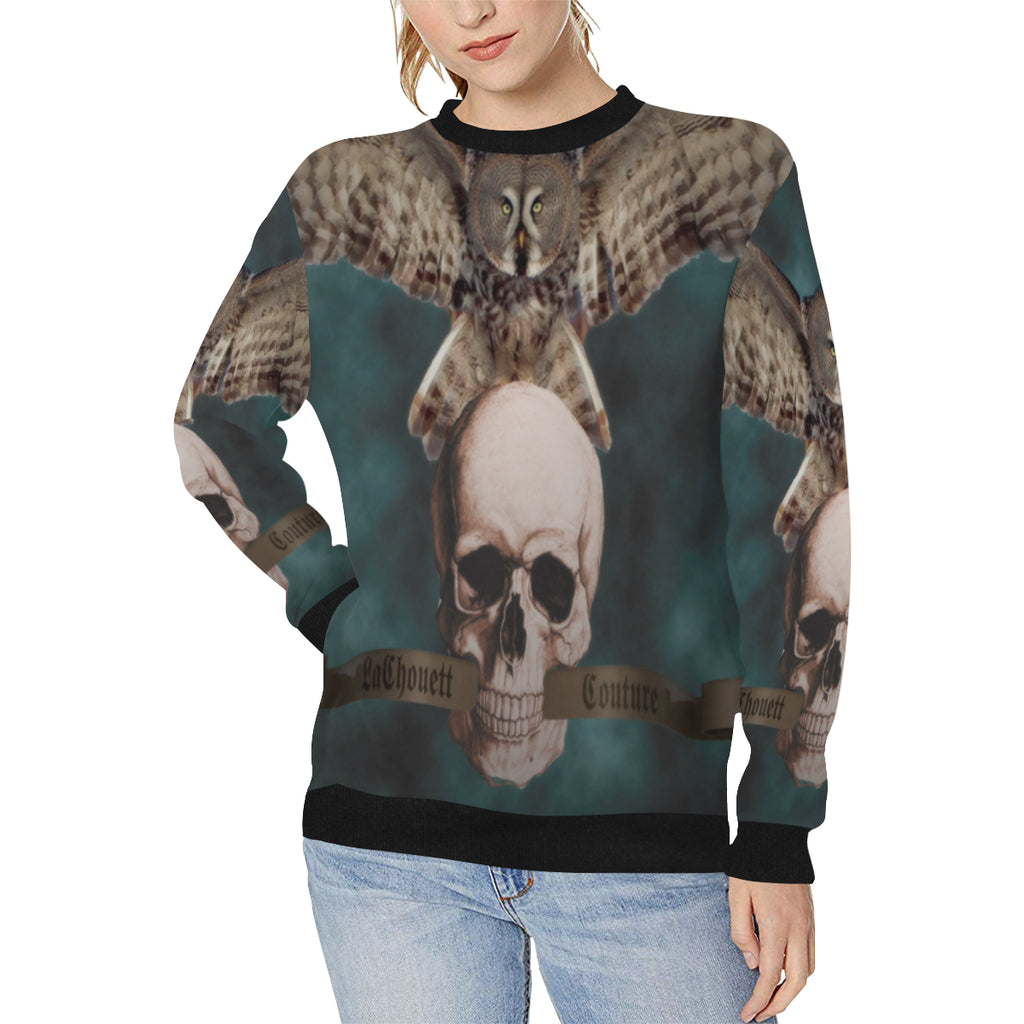 LCC OWL ROCK N ROLL Women's Rib Cuff Crew Neck Sweatshirt (Model H34)