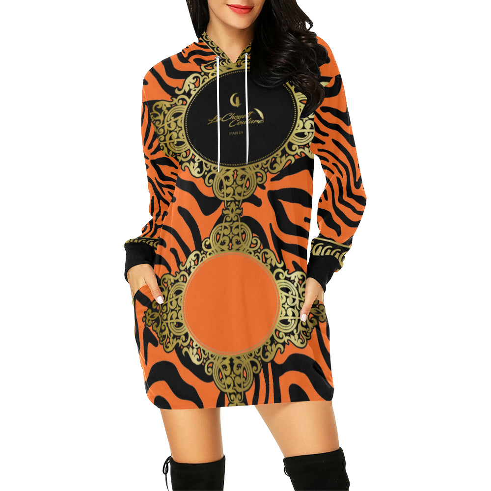 PRIVILEGE ORANGE All Over Print Hoodie Mini Dress
