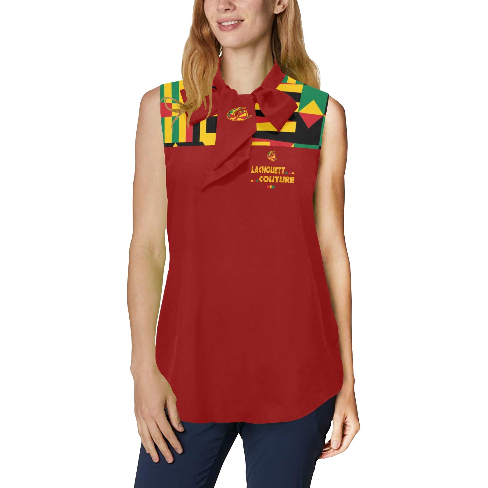 KENTE BUTAN Women's Bow Tie V-Neck Sleeveless Shirt