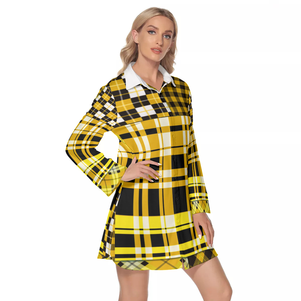 FLEXIN PLAID YLW Women's Lapel Shirt Dress With Long Sleeve