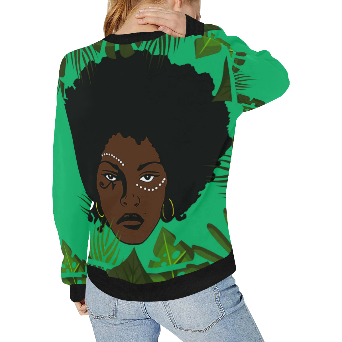 TROPICAL KWEEN FOREST Women's Rib Cuff Crew Neck Sweatshirt
