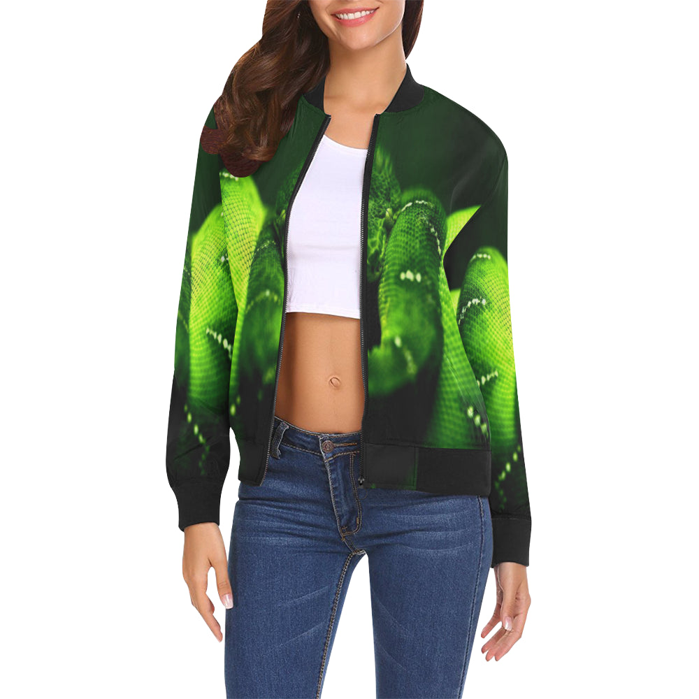 SNAKE GREEN All Over Print Bomber Jacket for Women (Model H19)
