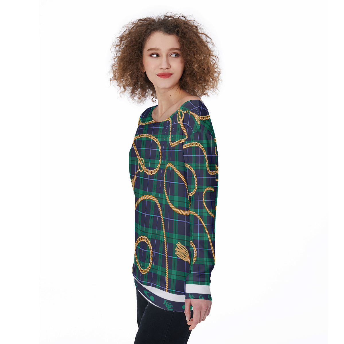 PLAID OF GOLD Off-Shoulder Sweatshirt