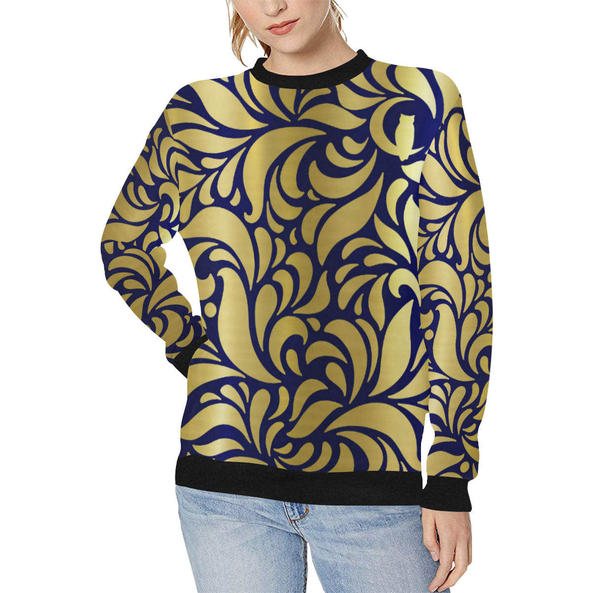 GORGIOUS LEAF ROYAL Women's Rib Cuff Crew Neck Sweatshirt (Model H34)
