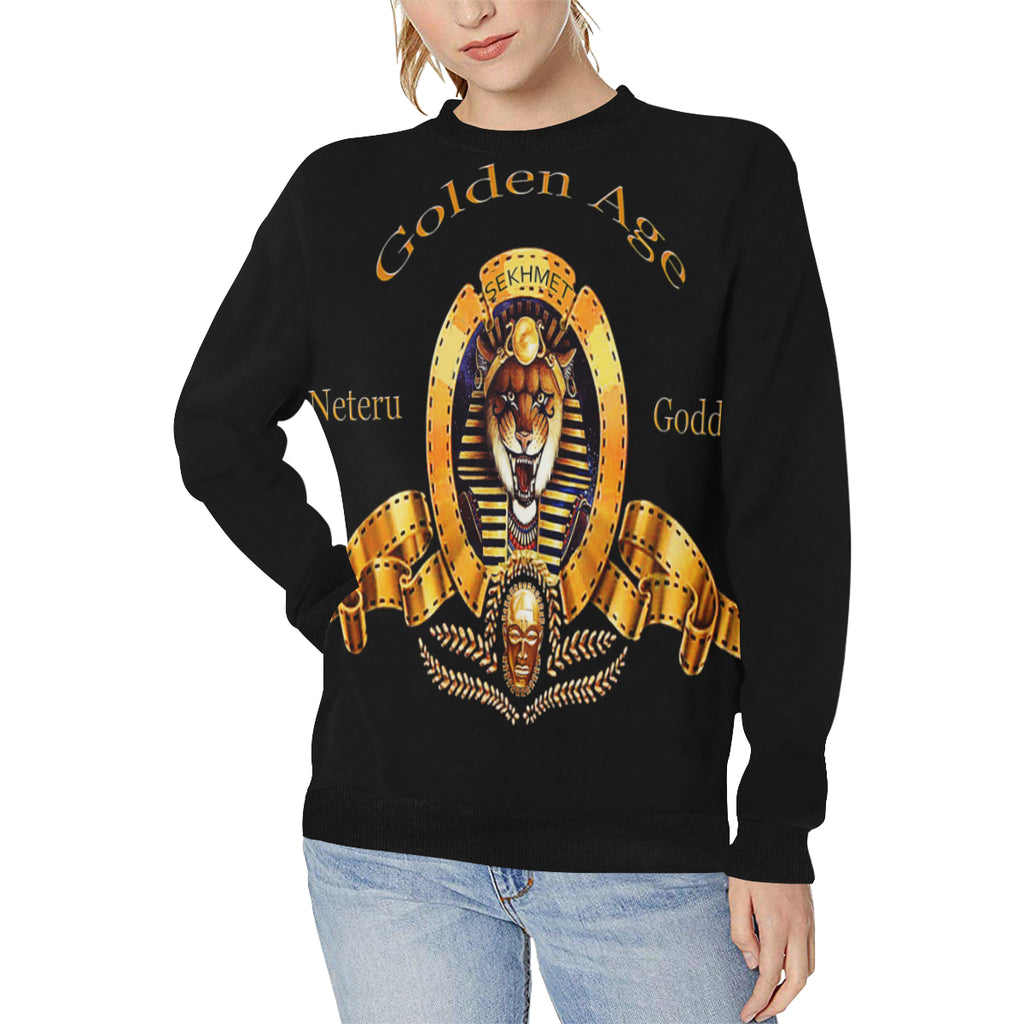 SEKHMET GODDESS BL Women's Rib Cuff Crew Neck Sweatshirt (Model H34)