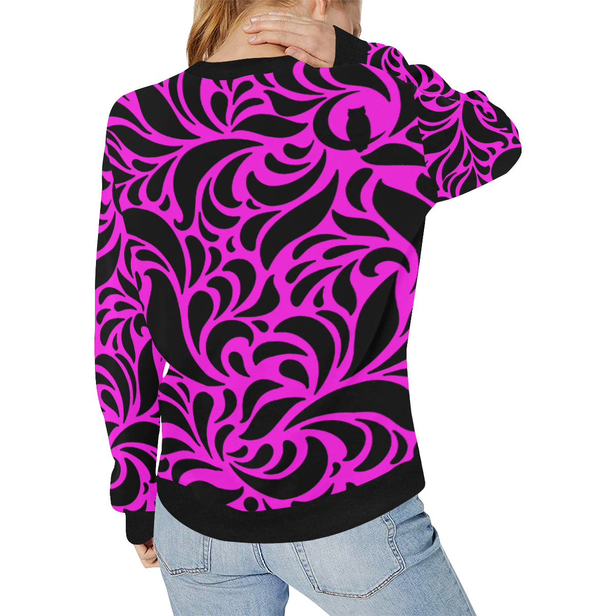 GORGIOUS LEAF PINKISH Women's Rib Cuff Crew Neck Sweatshirt (Model H34)