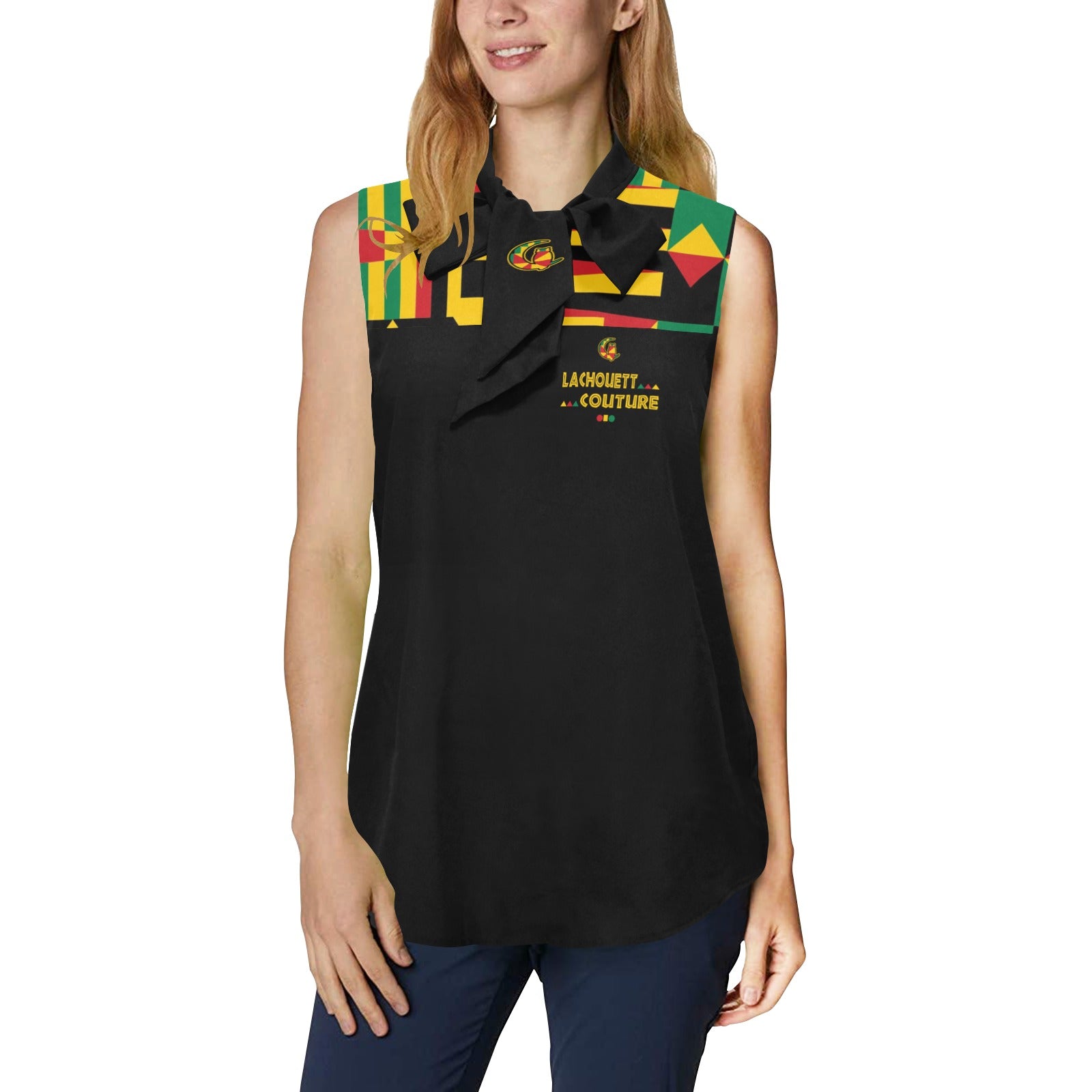 KENTE BUTAN Women's Bow Tie V-Neck Sleeveless Shirt