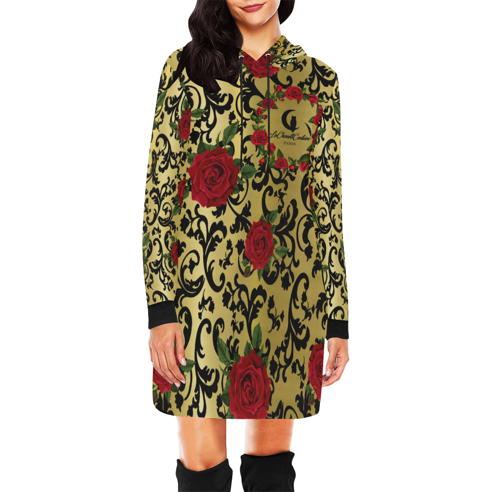 RED ROSES GOLD All Over Print Hoodie Mini Dress