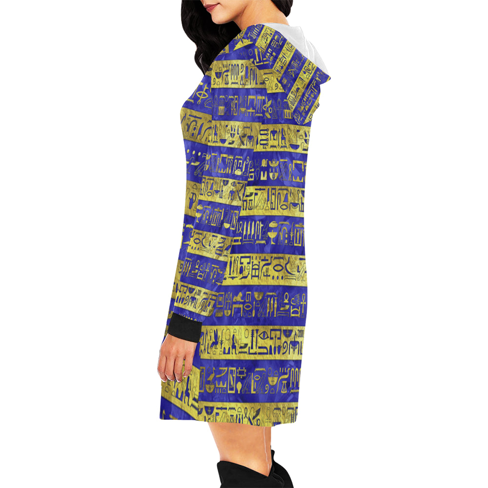 HIEROGLYPH GOLDEN BLUE All Over Print Hoodie Mini Dress