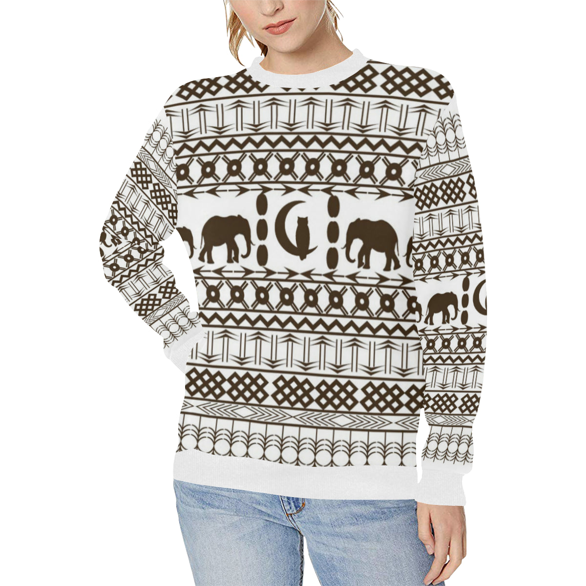 ELEPHANT ORNEMENT Women's Rib Cuff Crew Neck Sweatshirt (Model H34)