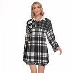 FLEXIN PLAID GREY Women's Lapel Shirt Dress With Long Sleeve